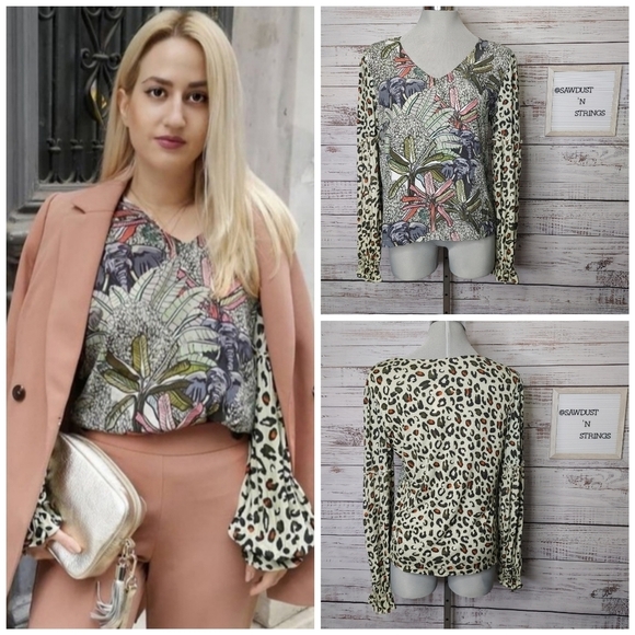ANTHROPOLOGIE Animal Print Puff Sleeve Top M - Picture 1 of 12